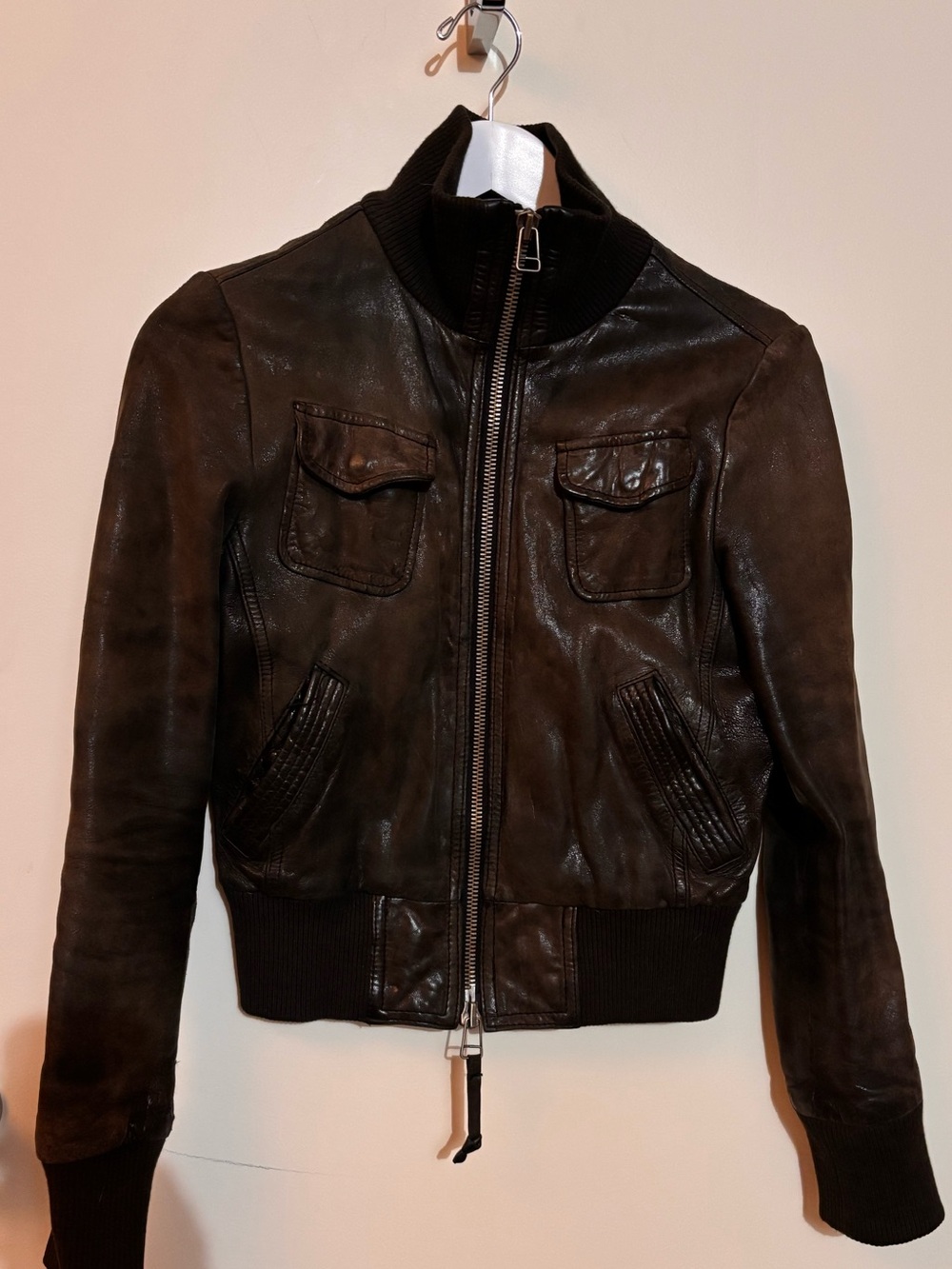 Top Gun Leather Bomber Jacket with Rib Collar, Faded Black, women’s small